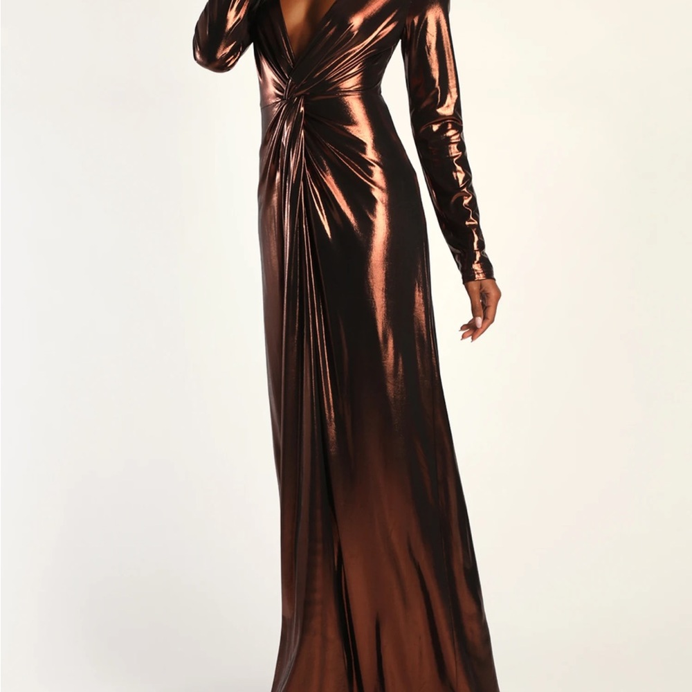 Shining Babe Brown Metallic Long Sleeve Twist-Front Maxi Dress